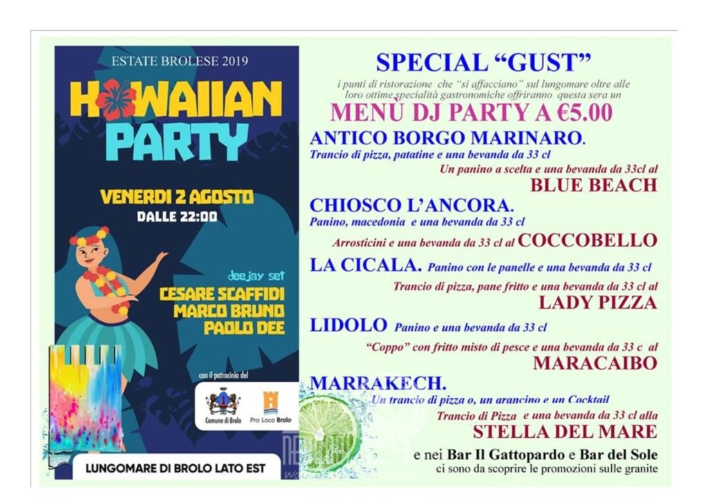 brolo – musica & gusto: per l’hawaiian party stasera 2 agosto, nell’area della marina, le degutazioni a 5 euro