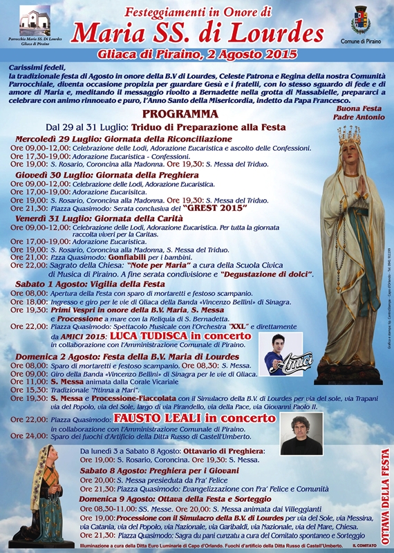 Gliaca di Piraino – I festeggiamenti di Maria SS. di Lourdes con Luca Tudisca e Fausto Leali