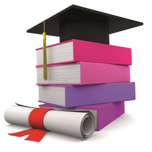 Graduation cup with colorful books and diploma