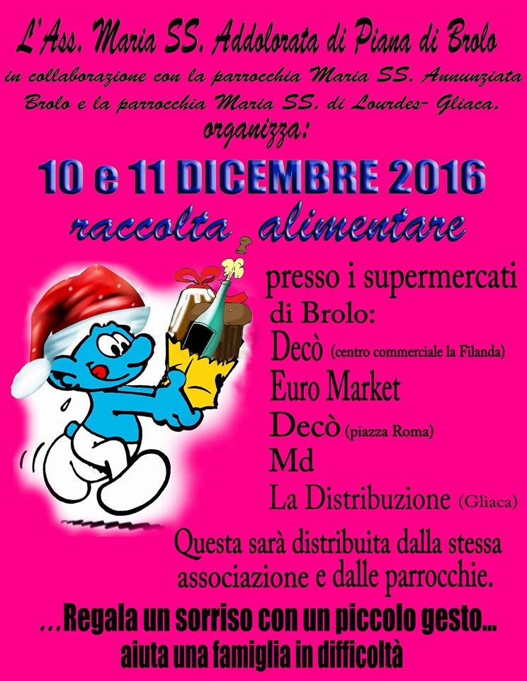 Brolo – Il 10 e 11 dicembre la raccolta alimentare dell’AssociazioneMaria SS. Addolorata di Piana