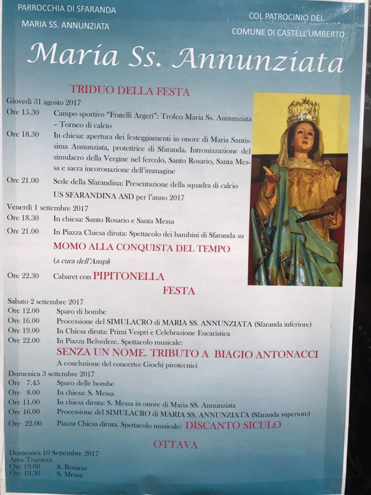 Castell’Umberto – Nella contrada Sfaranda la Festa della Madonna S.S Annunziata (il programma)