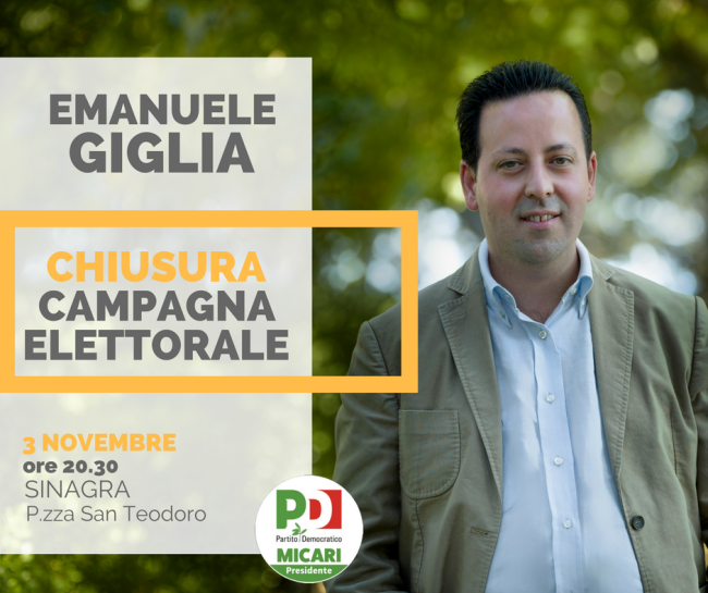 Sinagra – Elezioni Regionali: questa sera Emanuele Giglia chiude la campagna elettorale nel suo paese