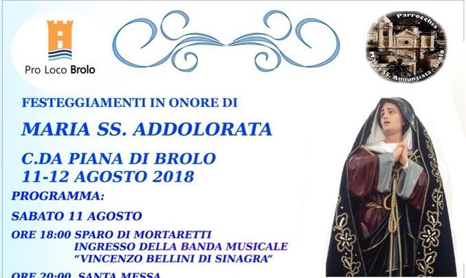 Brolo – Oggi e domani a Piana, i festeggiamenti in onore della Madonna Maria SS Addolorata