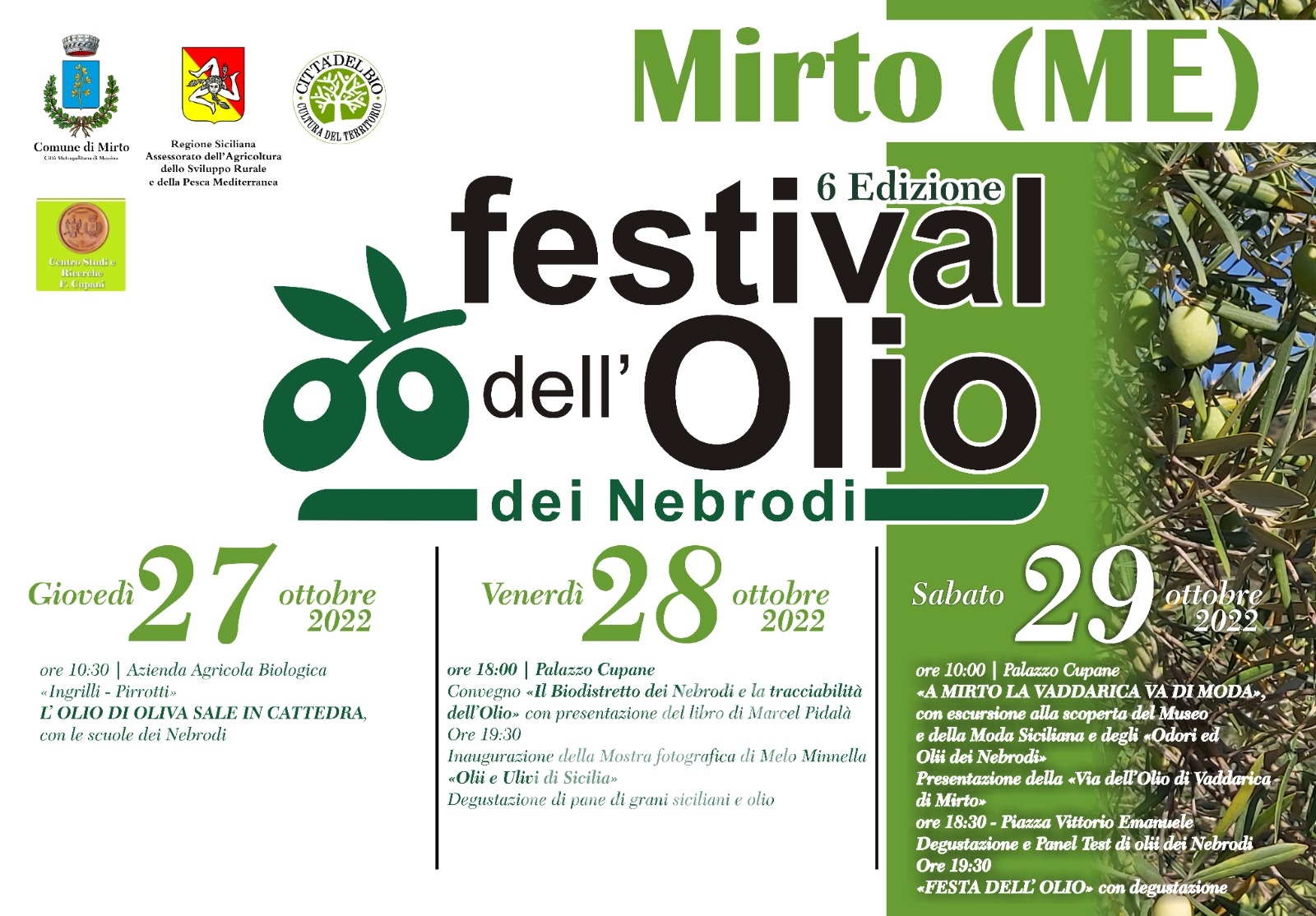 Mirto – Sesto Festival dell’Olio di Oliva dei Nebrodi, appuntamento nelle giornate del 27, 28 e 29 ottobre
