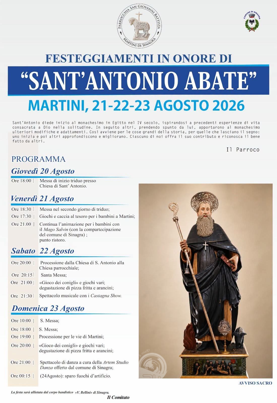 Martini di Sinagra in festa per Sant’Antonio Abate: il programma tra fede, folclore e gastronomia