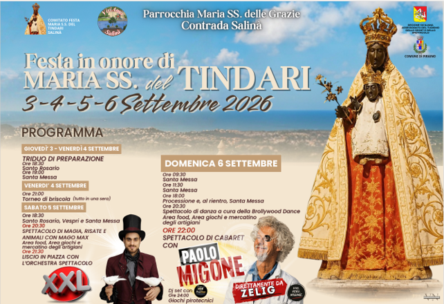 Piraino – Festa Salinà 2026: programma, processione Maria SS. del Tindari e Paolo Migone 