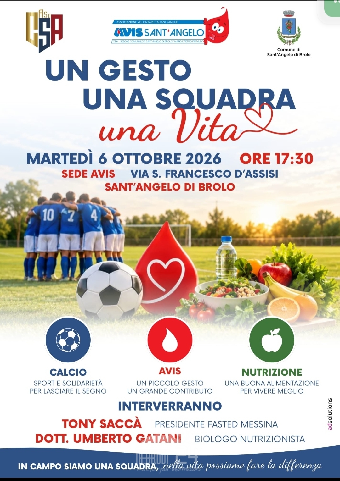 Sant’Angelo di Brolo – Oggi l’evento “Un gesto, una squadra, una vita”